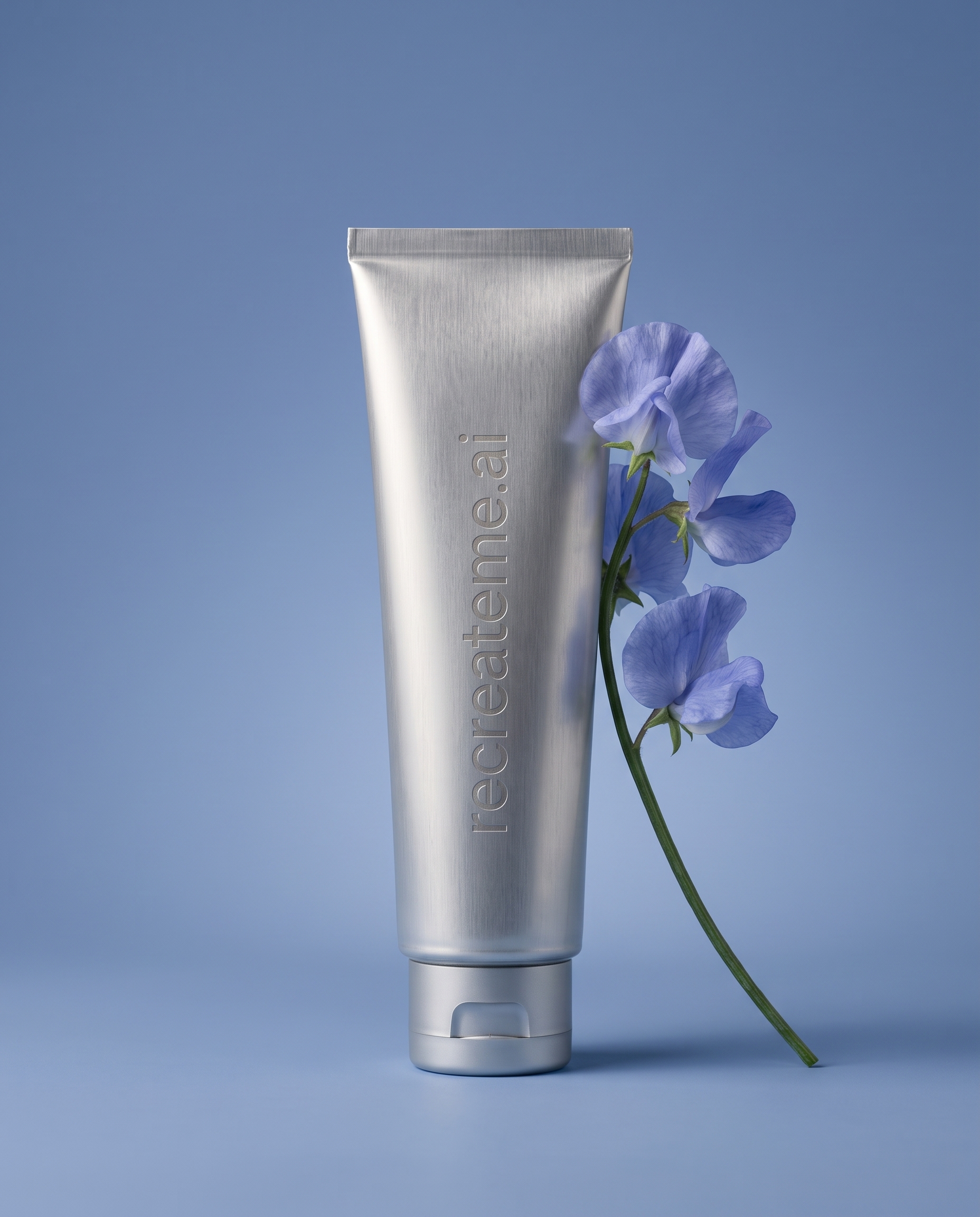 AI-generated: A minimalist studio product photograph on a completely empty, seamless dusty cornflower-blue backdrop — a single continuous surface with no 