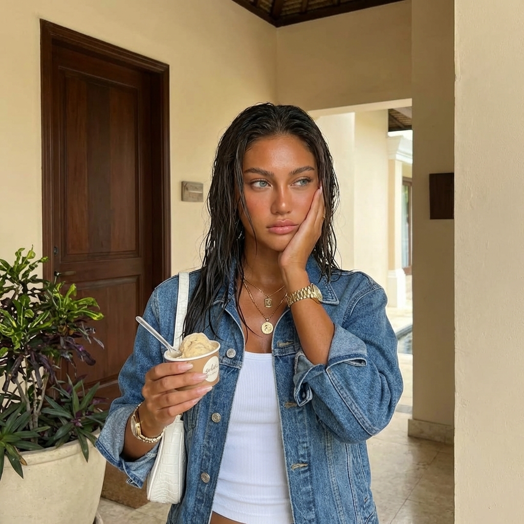 AI-generated: “subject”: person from the reference images “character_outline”: athletic; deep bronzed tan with defined muscle tone hair is long wet fallin