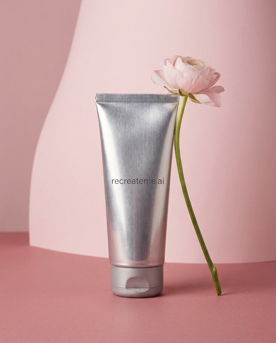 AI-generated: Studio shot of a thin metallic tube of skincare product called "recreateme.ai" in all lowercase. The product sits in a blue, pink, or green 
