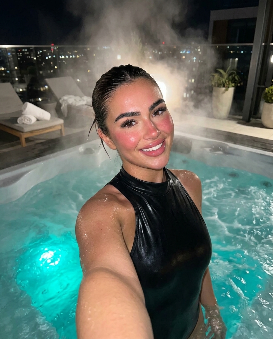 AI-generated: Front-facing selfie taken by a beautiful young woman standing in a steaming rooftop hot tub at night, one arm extended holding the camera. S