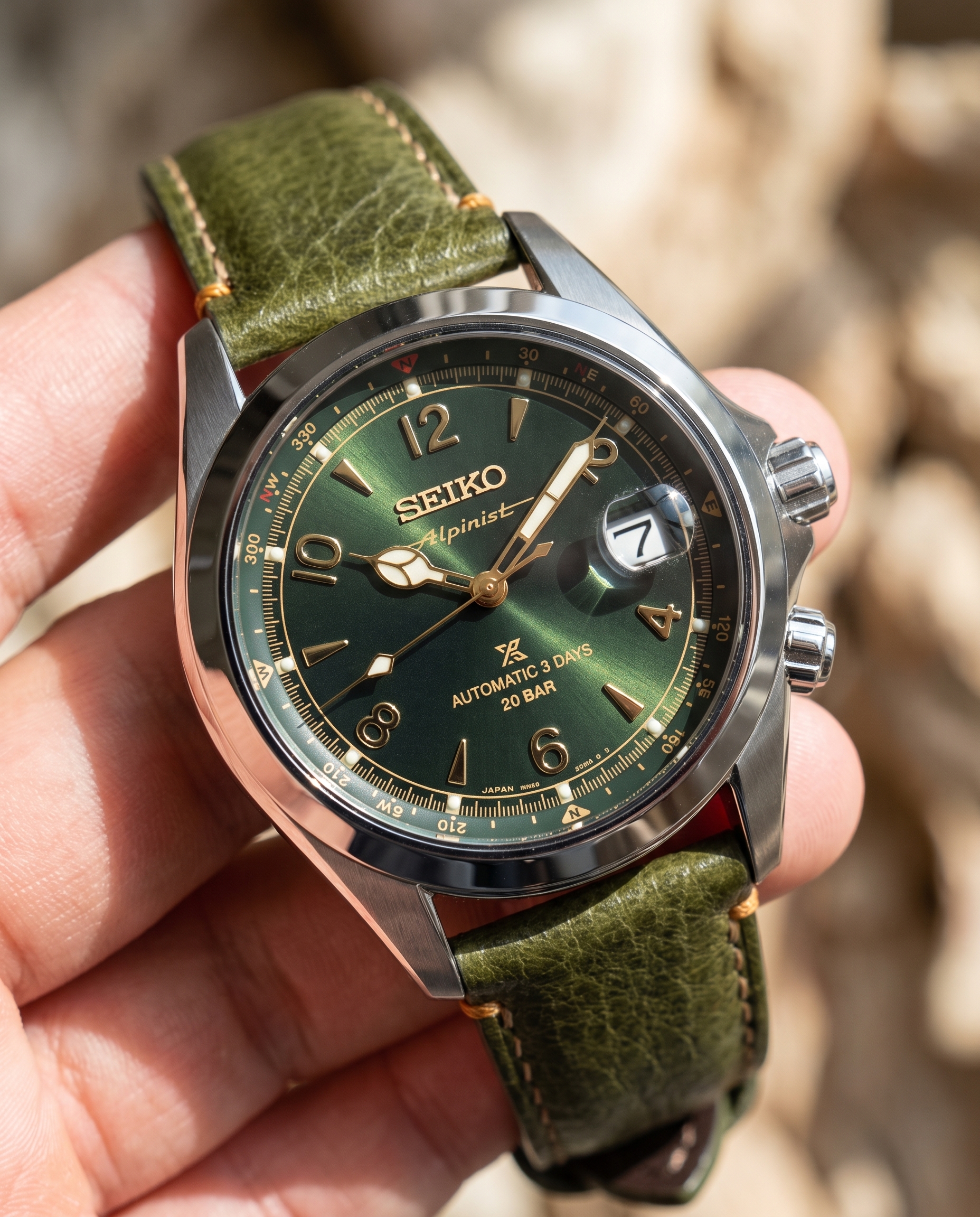 AI-generated: Marketing photoshoot of the watch from the reference images. Ultra-realistic. Ultra close-up shot of the dial while worn on a wrist. The bez