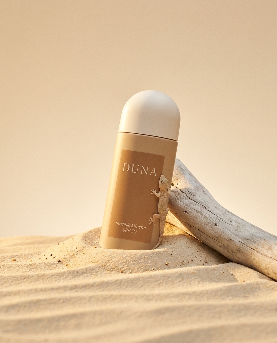 AI-generated: Vertical editorial product photograph of a premium mineral sunscreen for the fictional sun-care brand "DUNA". A sleek minimalist cylindrical