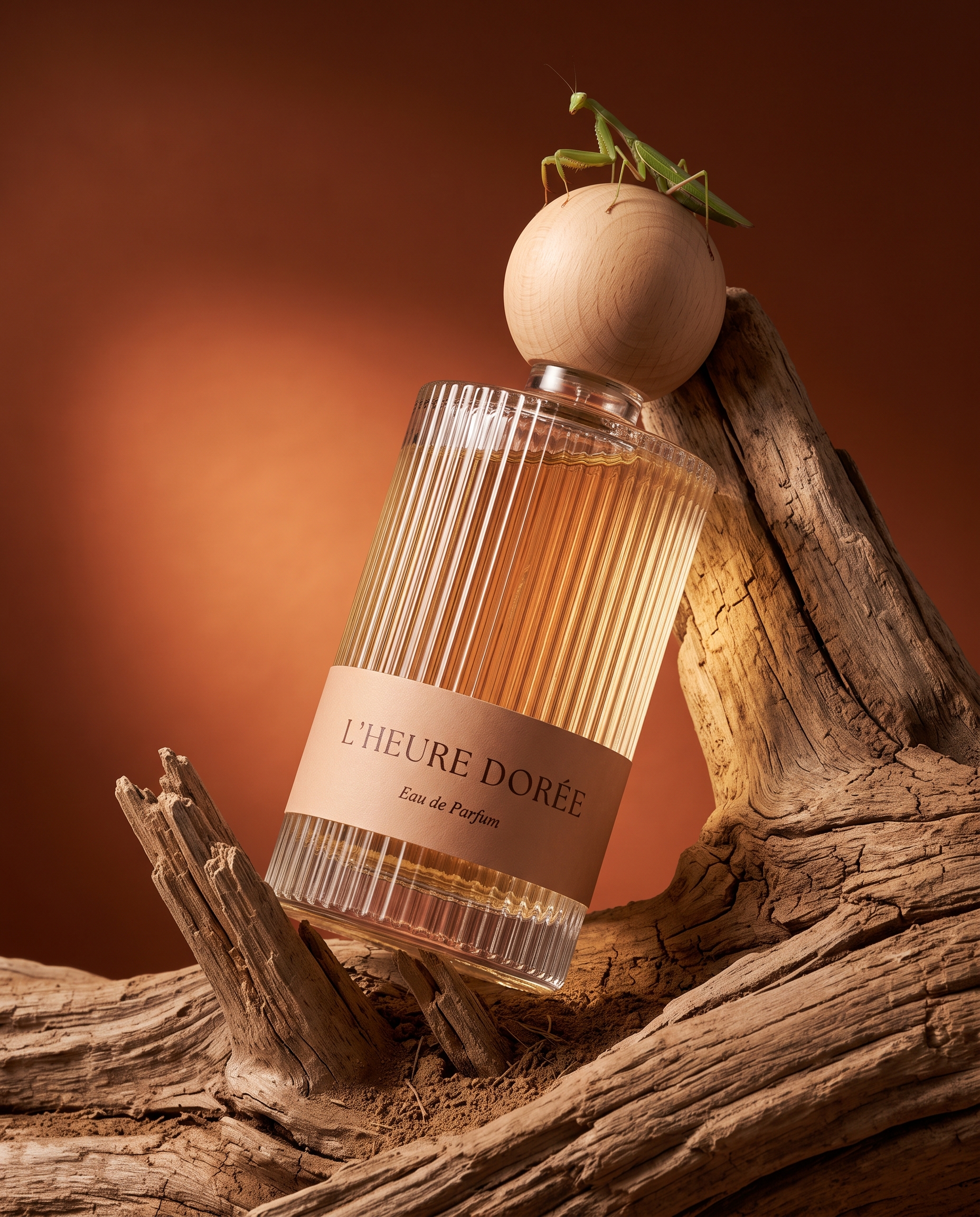 AI-generated: Vertical 4:5 editorial product photograph of a perfume bottle for the fictional French fragrance brand "L'HEURE DORÉE". A cylindrical clear 