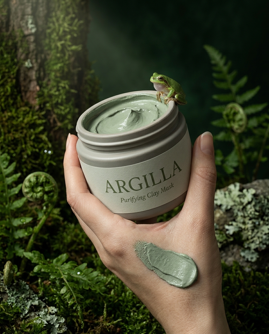 AI-generated: Vertical editorial product photograph of a premium green clay face mask for the fictional botanical skincare brand "ARGILLA". An elegant han