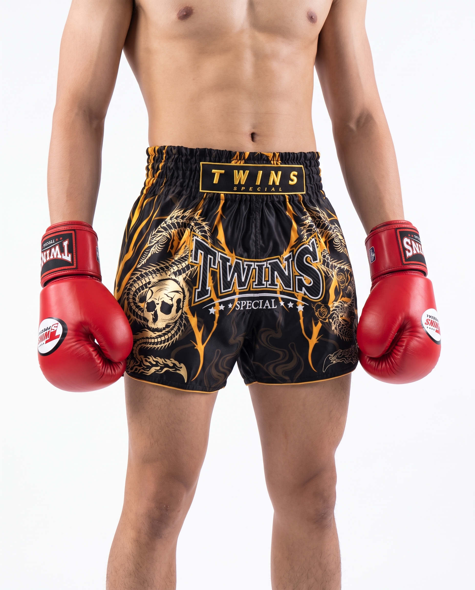 AI-generated: Square studio photograph of a young man in muay thai shorts and gloves from the reference images, standing elegantly on a seamless white flo