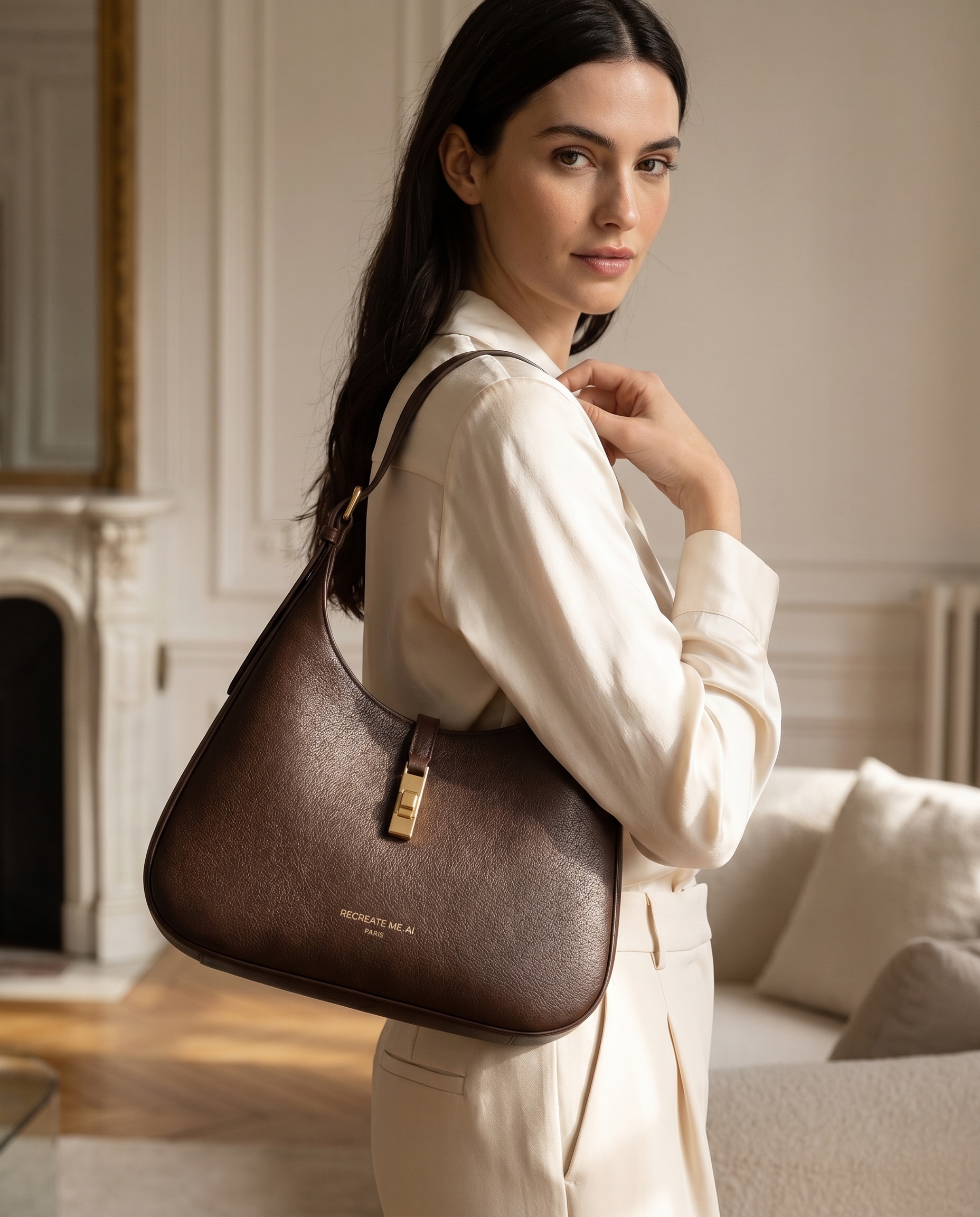 AI-generated: @recreateme-bag worn by dark haired, fair skinned female model. fashion photoshoot, texture clearly visible, medium close up. editorial.
