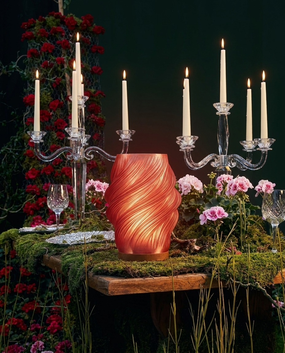 AI-generated: Place the table lamp among the elements of the decorated table. The lamp light should fit with the surroundings and amplify the mood. Minima