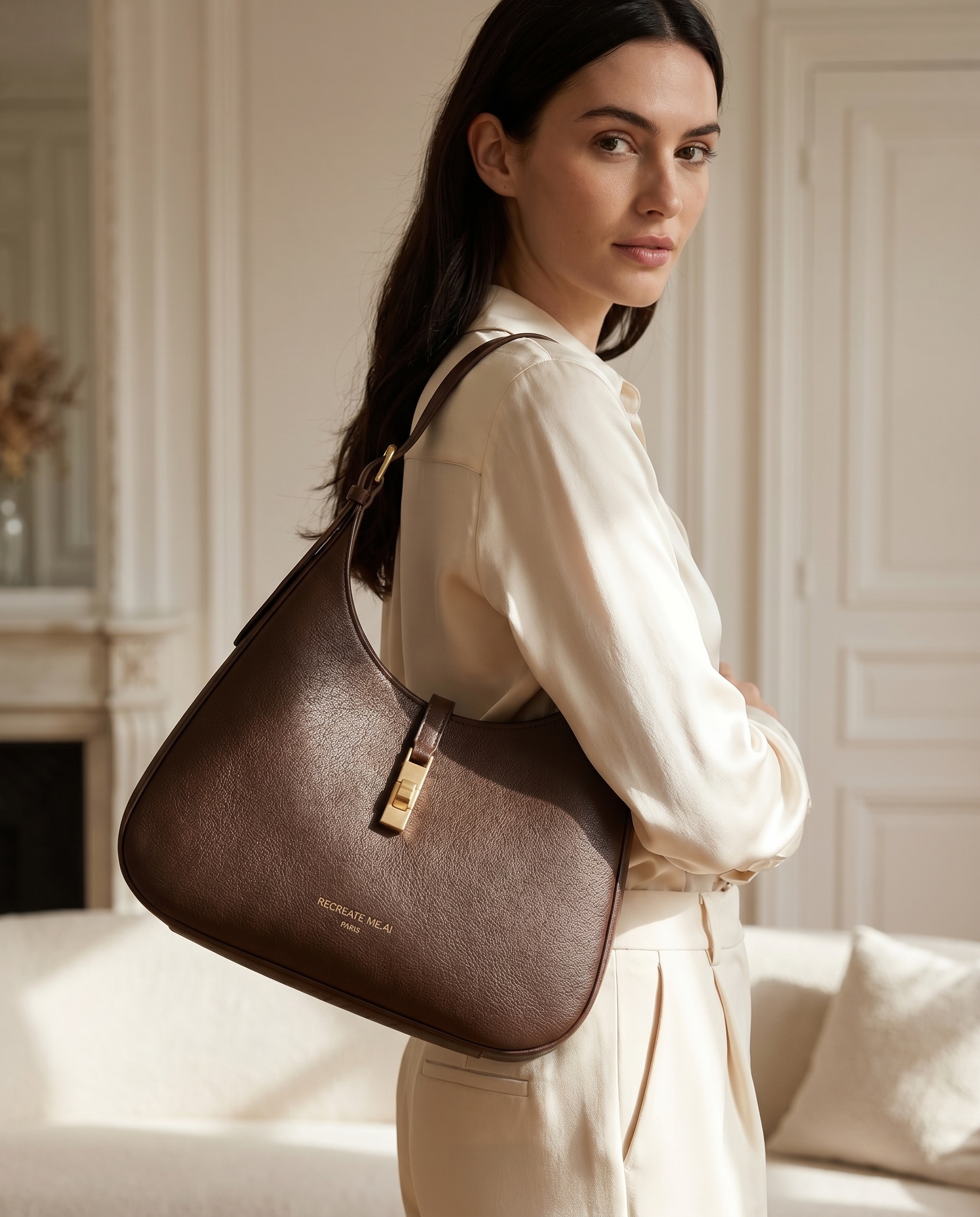 AI-generated: @recreateme-bag worn by dark haired, fair skinned female model. fashion photoshoot, texture clearly visible, medium close up. editorial.