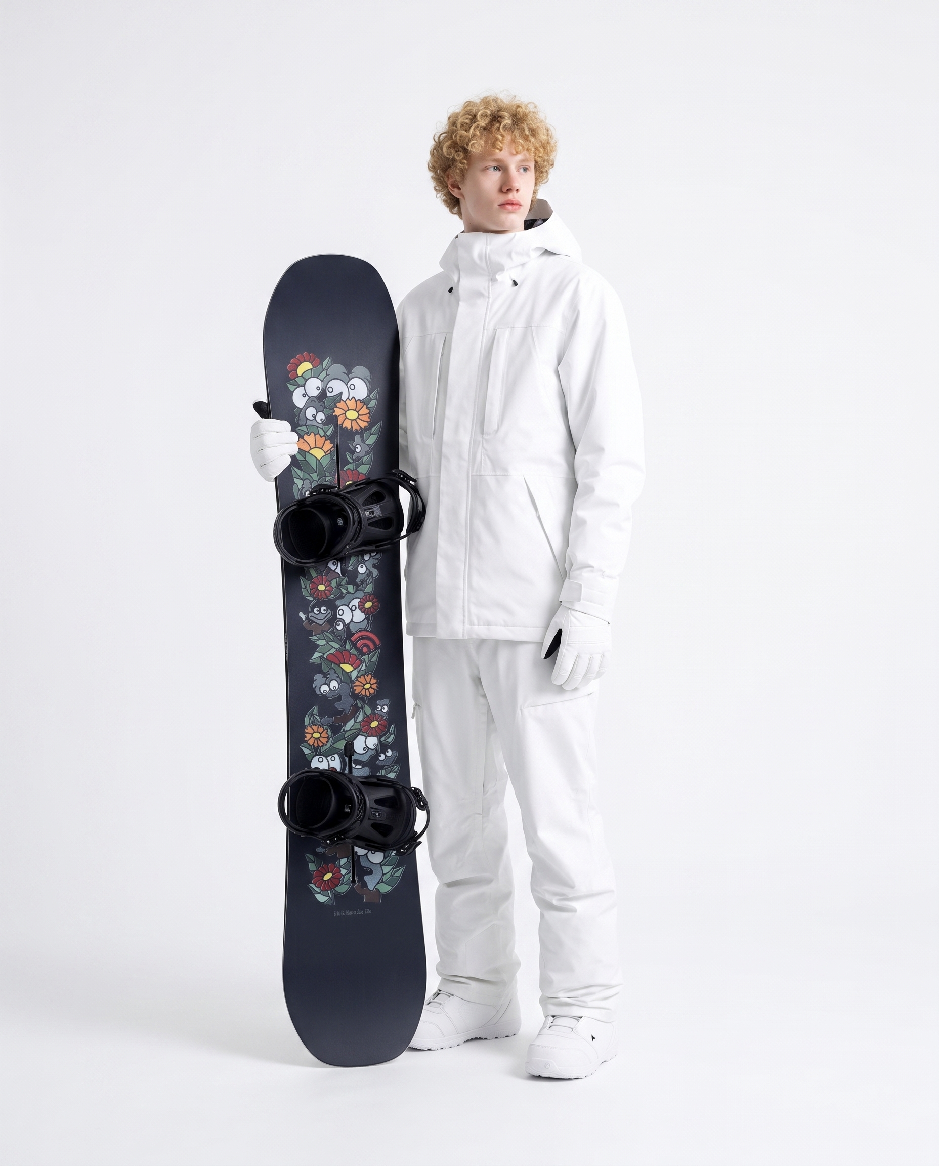 AI-generated: Studio photograph of a young white man holding the snowboard from the reference images, standing elegantly on a seamless white floor against