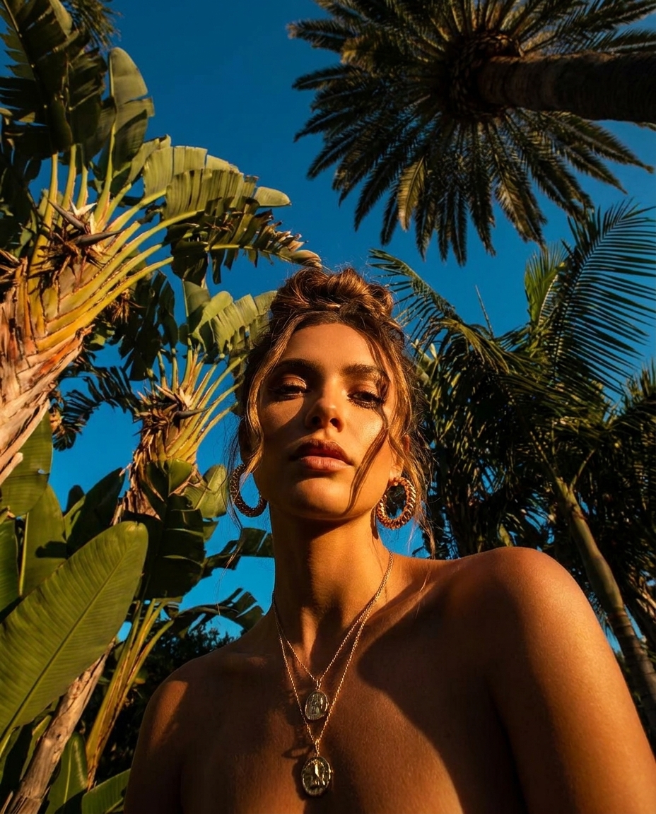 AI-generated: A woman with her hair styled up, adorned with earrings and a necklace, captured from an extreme low-angle, worm's-eye perspective looking di
