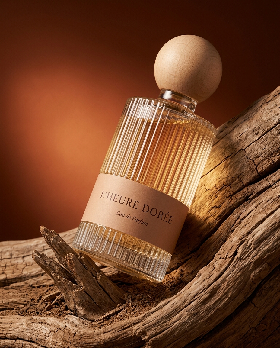 AI-generated: Vertical 4:5 editorial product photograph of a perfume bottle for the fictional French fragrance brand "L'HEURE DORÉE". A cylindrical clear 
