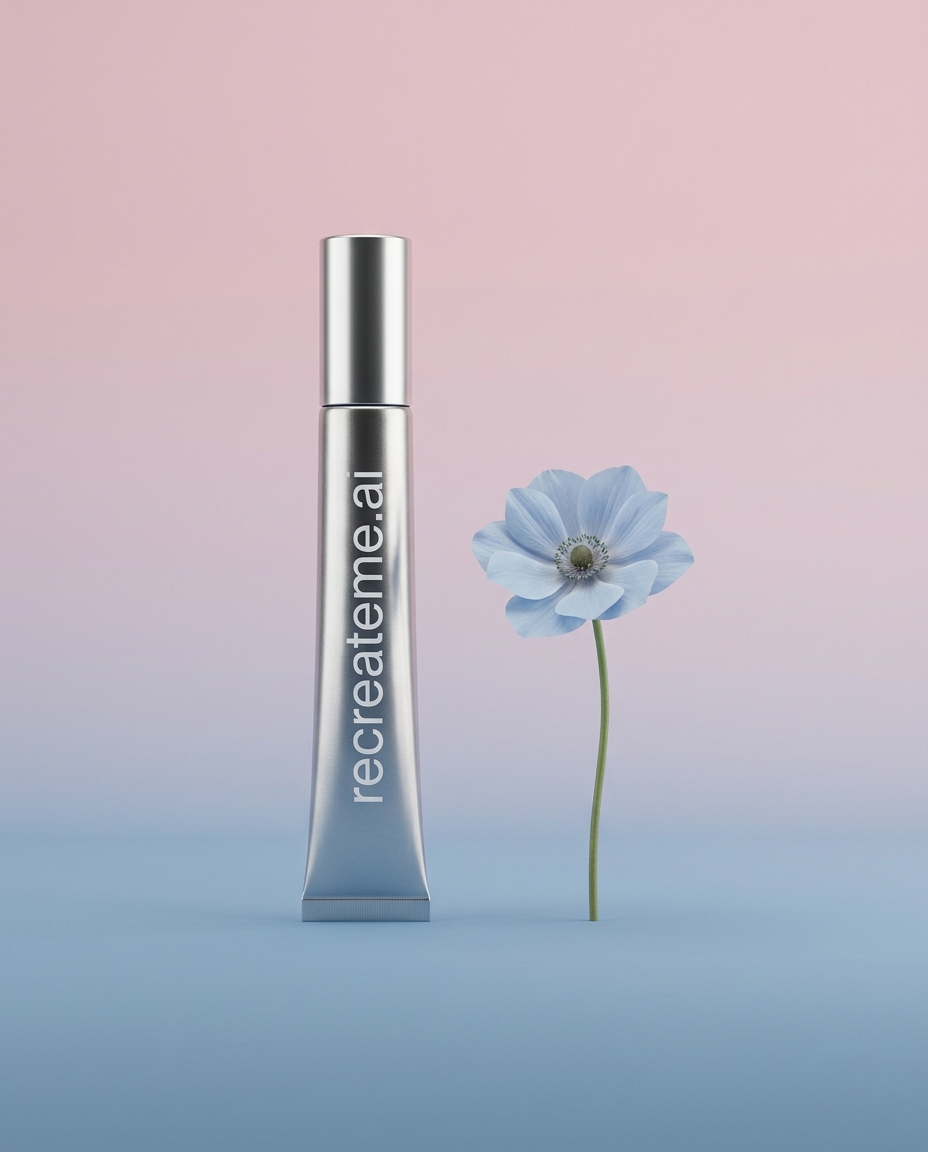 AI-generated: Studio shot of a thin metallic tube of skincare product called "recreateme.ai" in all lowercase. The product sits in a blue, pink, or green 