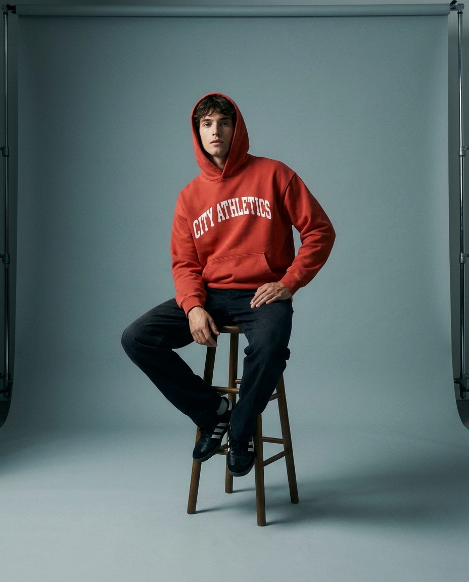 AI-generated: The model from the reference images wearing the @baba, sitting on a high chair. Studio shoot.