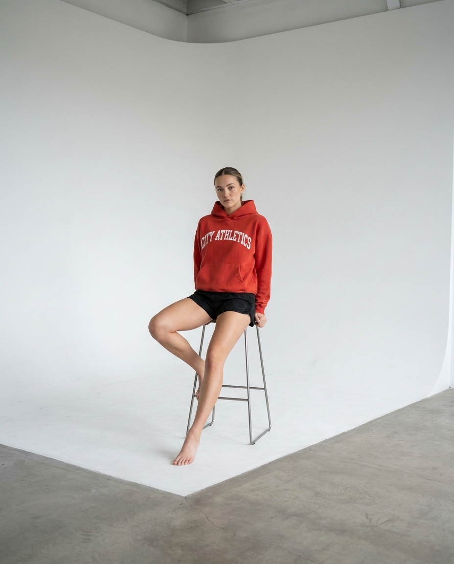 AI-generated: A beautiful 22-year-old female model wearing the @baba hoodie and short, tight black polyester running shorts, sitting on a high chair. Stud