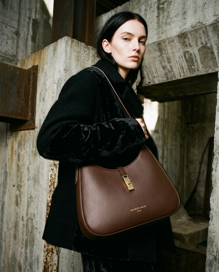 AI-generated: @recreateme-bag worn by dark haired, fair skinned female model. fashion photoshoot, texture clearly visible, medium close up. editorial.