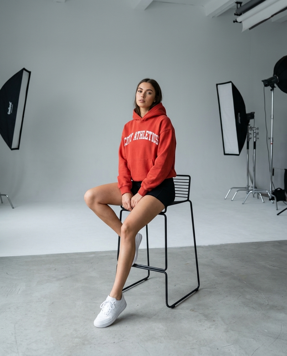 AI-generated: A beautiful 22-year-old female model wearing the @baba hoodie and short, tight black polyester running shorts, sitting on a high chair. Stud