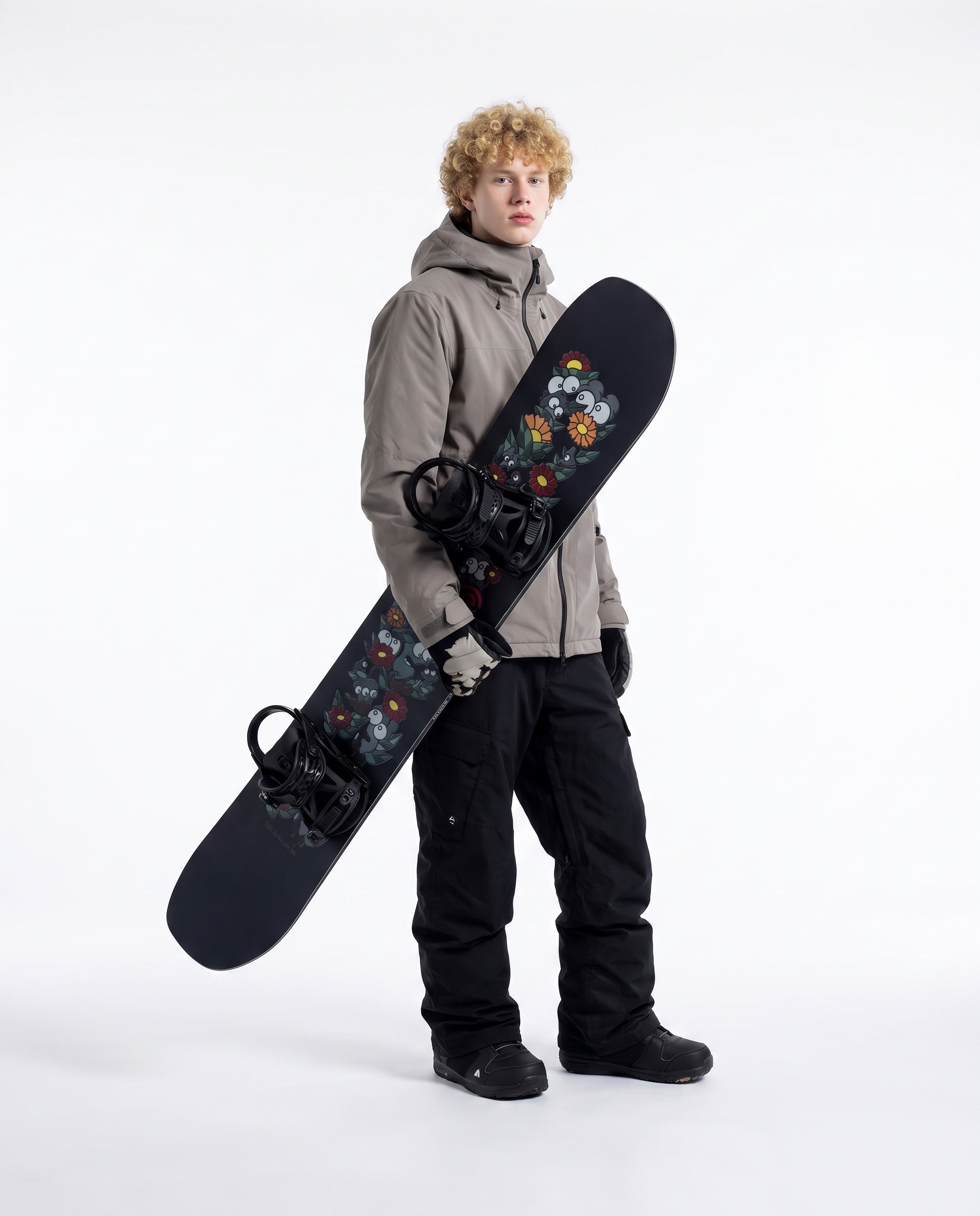 AI-generated: Studio photograph of a young white man holding the snowboard from the reference images, standing elegantly on a seamless white floor against