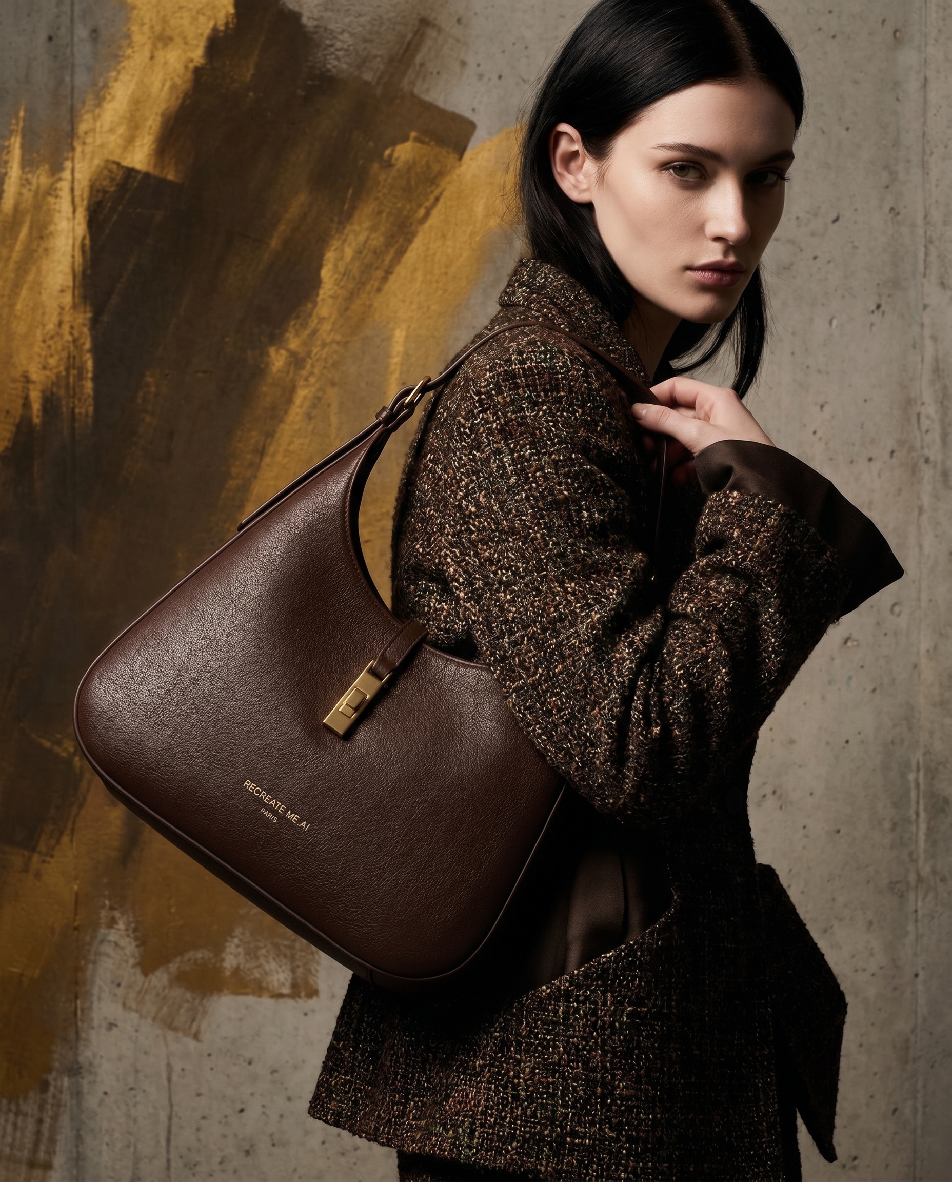 AI-generated: @recreateme-bag worn by dark haired, fair skinned female model. fashion photoshoot, texture clearly visible, medium close up. editorial.