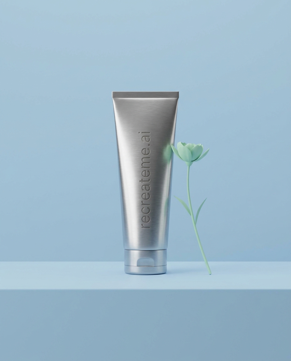 AI-generated: studio shot of a metallic tube of skincare product called 'recreateme.ai' in all lowercase. the product sits in a blue, pink or green pastel