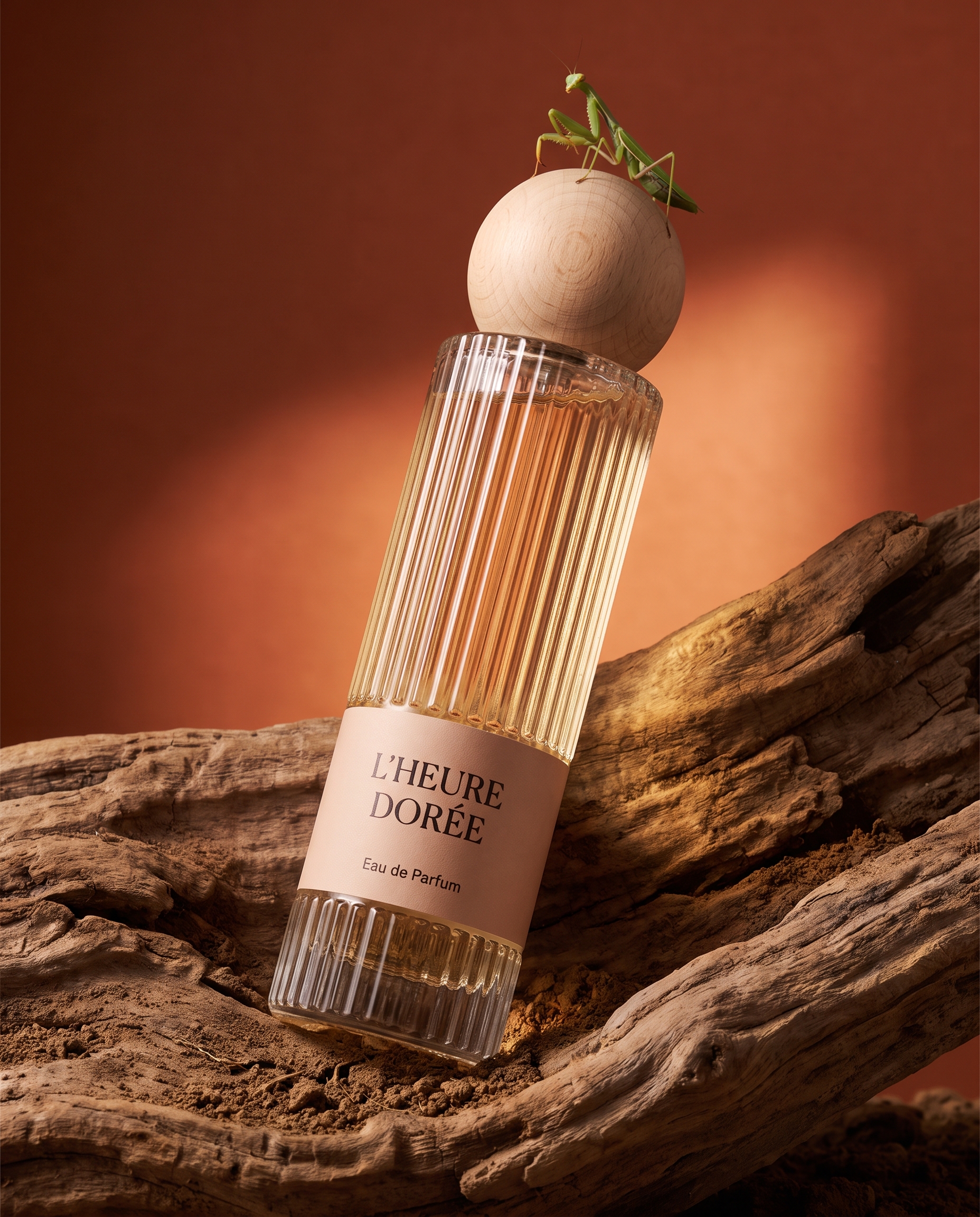 AI-generated: Vertical 4:5 editorial product photograph of a perfume bottle for the fictional French fragrance brand "L'HEURE DORÉE". A tall cylindrical c