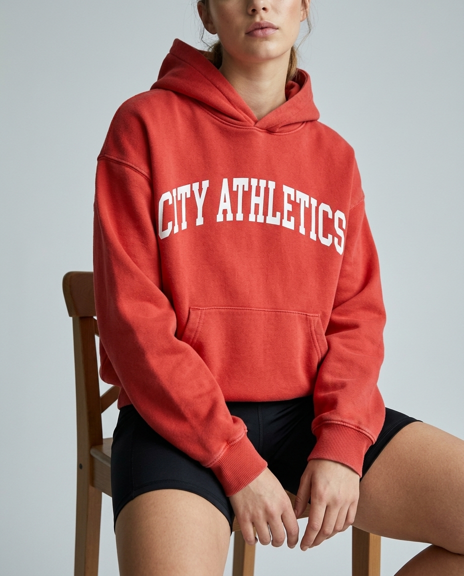 AI-generated: A beautiful 22-year-old female model wearing the @baba hoodie and short, tight black polyester running shorts, sitting on a high chair. Stud