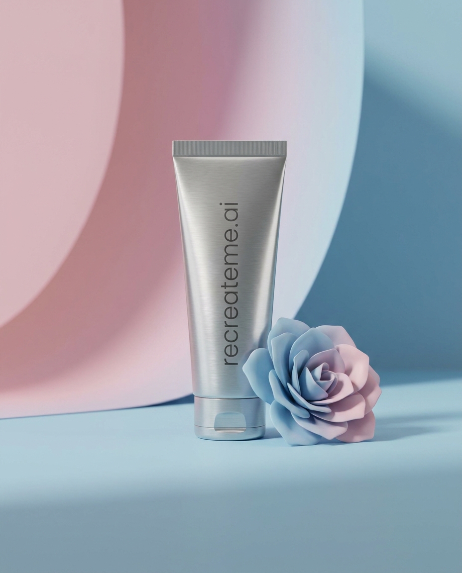 AI-generated: Studio shot of a thin metallic tube of skincare product called "recreateme.ai" in all lowercase. The product sits in a blue, pink, or green 