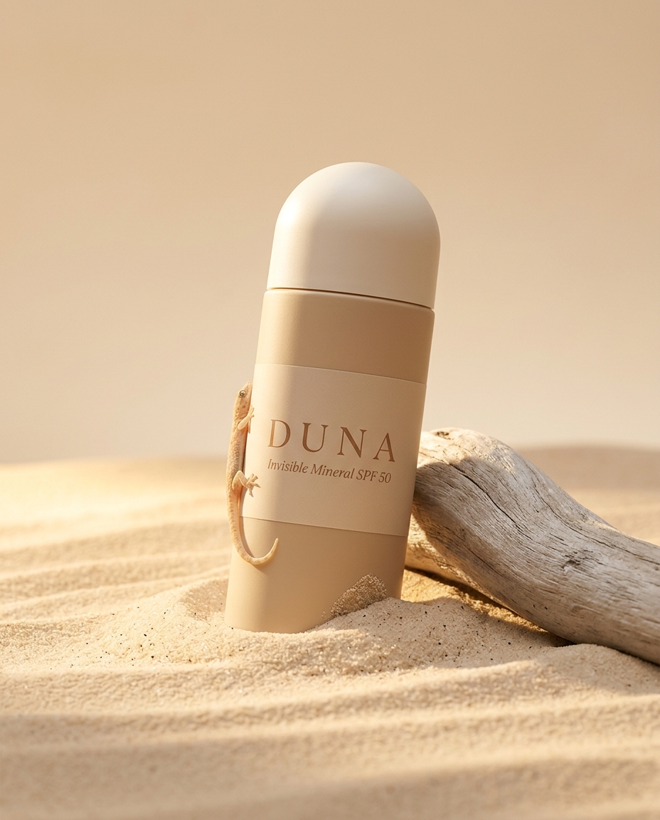 AI-generated: Vertical editorial product photograph of a premium mineral sunscreen for the fictional sun-care brand "DUNA". A sleek minimalist cylindrical