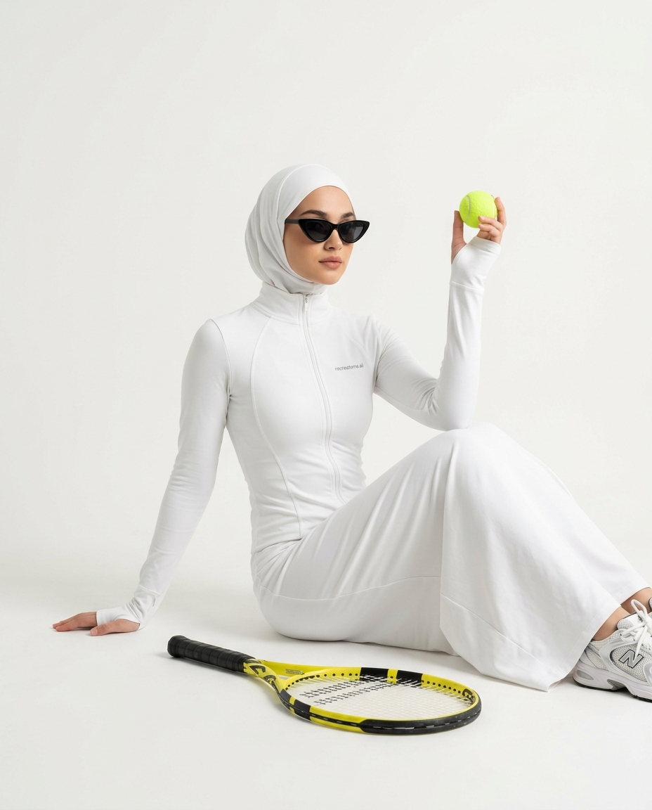 AI-generated: Square studio fashion photograph of a young woman in modest athletic wear, seated elegantly on a seamless white floor against a matching whi