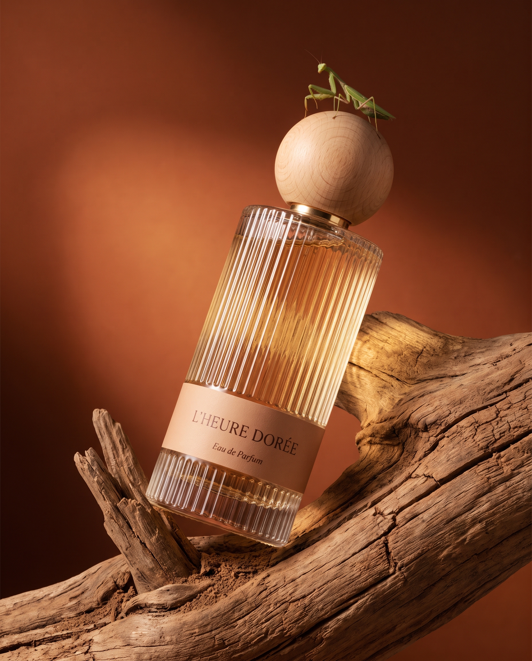 AI-generated: Vertical 4:5 editorial product photograph of a perfume bottle for the fictional French fragrance brand "L'HEURE DORÉE". A tall cylindrical c