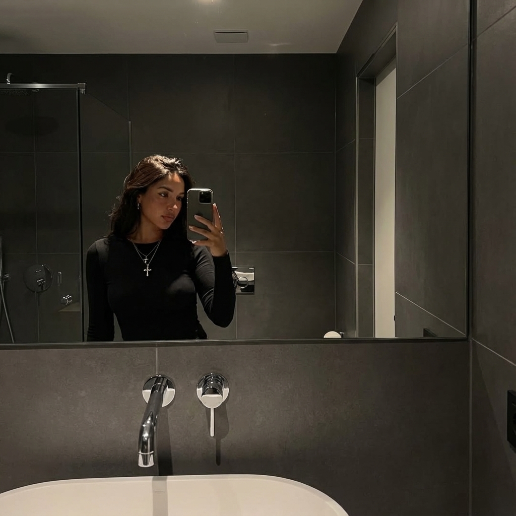 AI-generated: A young woman with long chestnut-brown hair takes a mirror selfie in a modern grey-tiled bathroom. She wears a black fitted long-sleeve top 