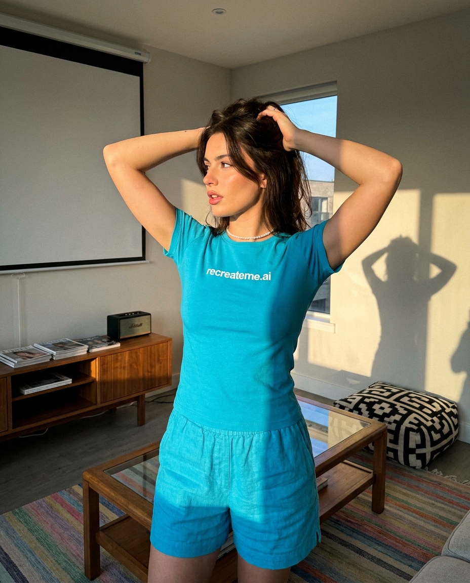 AI-generated: Beautiful 21-year-old woman with a petite, slim, delicately toned physique and pronounced curves stands centered in frame. She has a narrow 