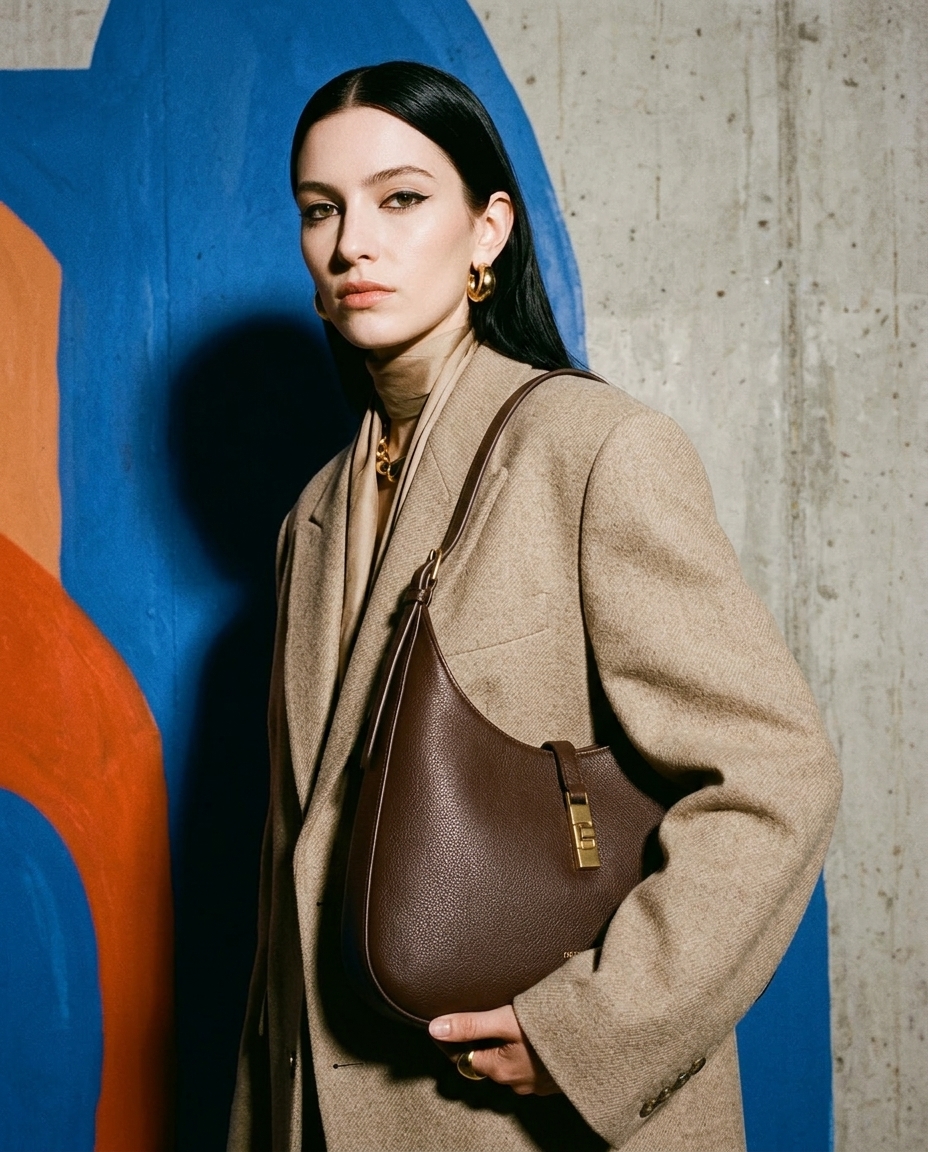 AI-generated: @recreateme-bag worn by dark haired, fair skinned female model. fashion photoshoot, texture clearly visible, medium close up. editorial.