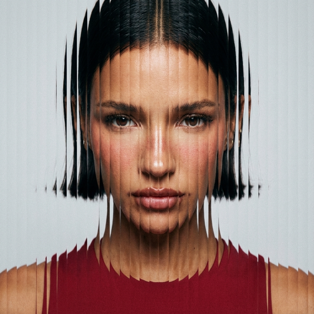 AI-generated: vertical_slice_glitch High-fashion portrait with vertical slice distortion, glitch splitting, and analog-style grain. fashion_portrait tight