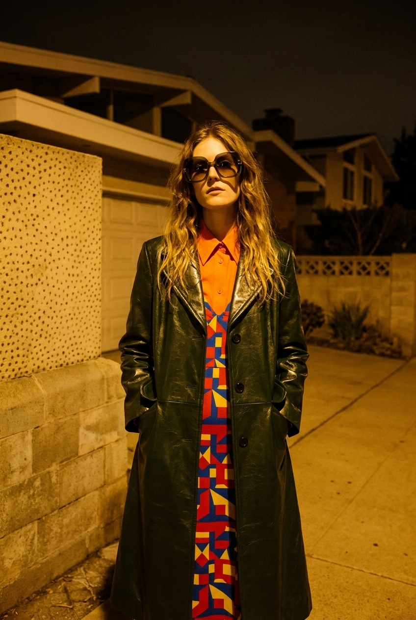 AI-generated: A young woman in a bright orange shirt and a bold-print dress, wearing oversized statement sunglasses and the forest green leather coat from
