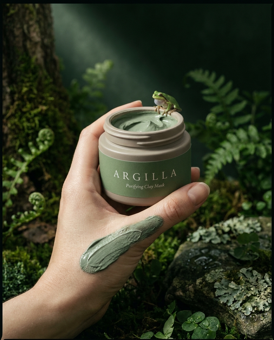 AI-generated: Vertical editorial product photograph of a premium green clay face mask for the fictional botanical skincare brand "ARGILLA". An elegant han