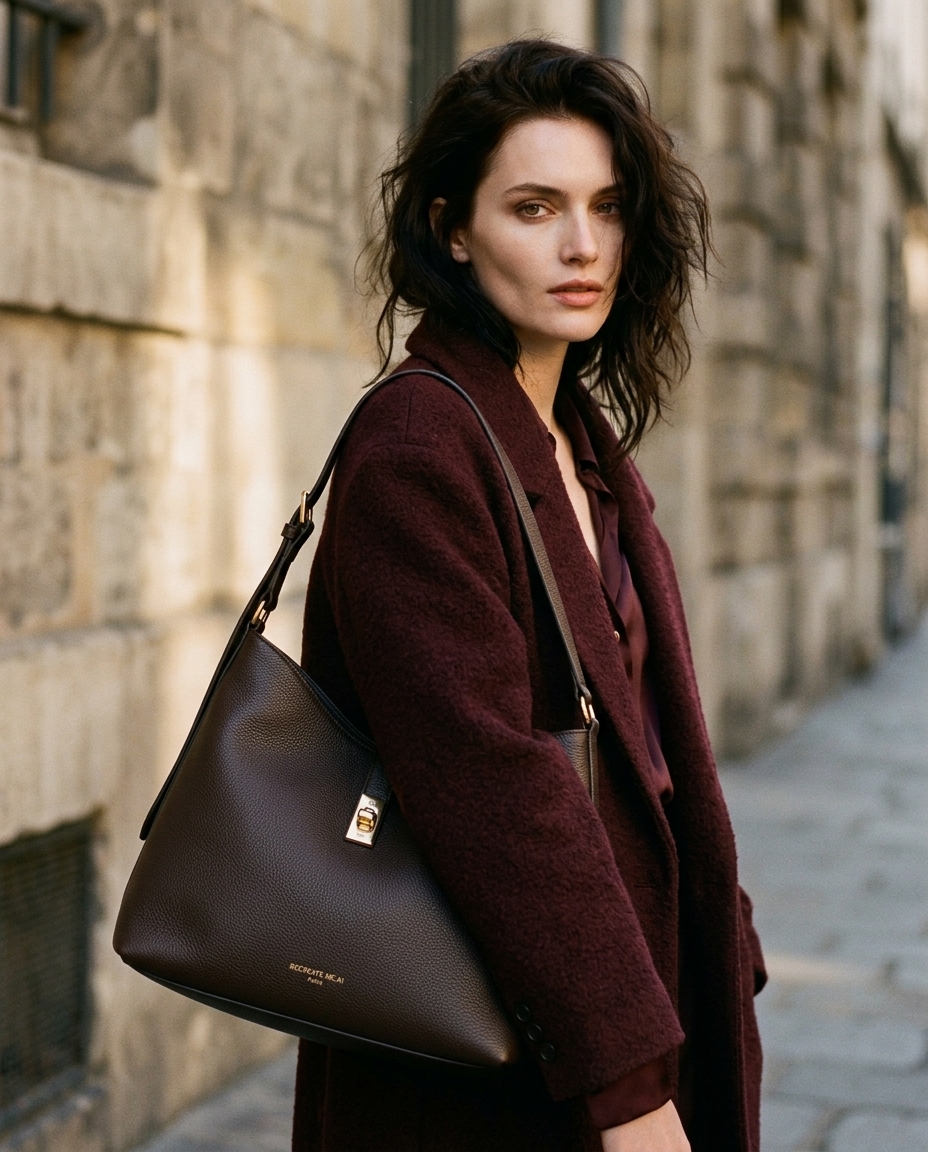 AI-generated: @recreateme-bag worn by dark haired, fair skinned female model. fashion photoshoot, texture clearly visible, medium close up. editorial.