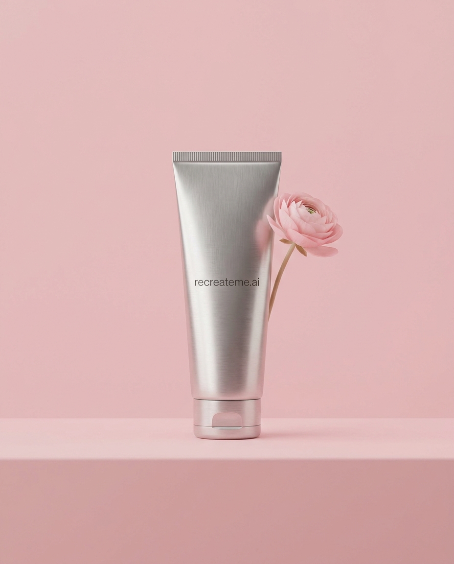 AI-generated: studio shot of a metallic tube of skincare product called 'recreateme.ai' in all lowercase. the product sits in a blue, pink or green pastel
