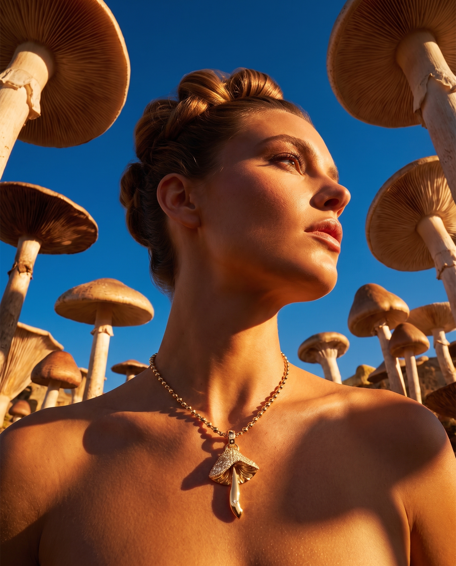 AI-generated: A woman with her hair styled up, adorned with mushroom necklace (from the reference images, keep as is with respect to the dimensions), capt