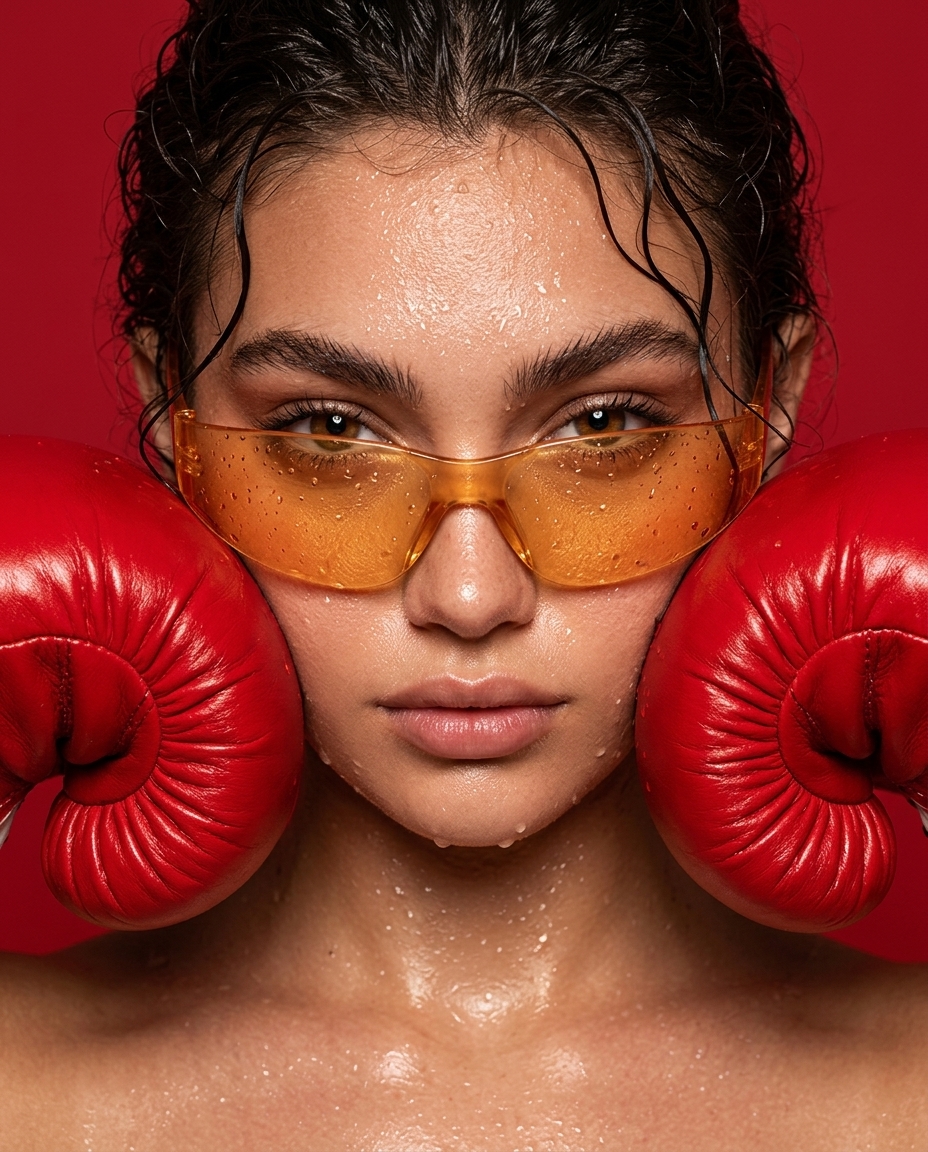 AI-generated: Ultra-close-up beauty portrait of a young woman with olive skin and thick natural eyebrows, shot head-on against a saturated crimson-red sea