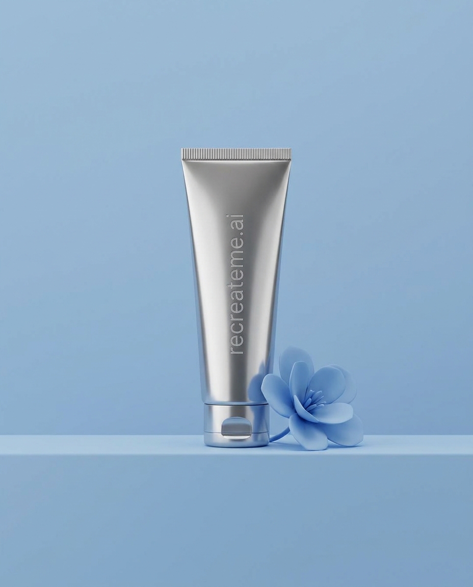 AI-generated: Studio shot of a metallic tube of skincare product called "recreateme.ai" in all lowercase. The product sits in a blue, pink, or green paste