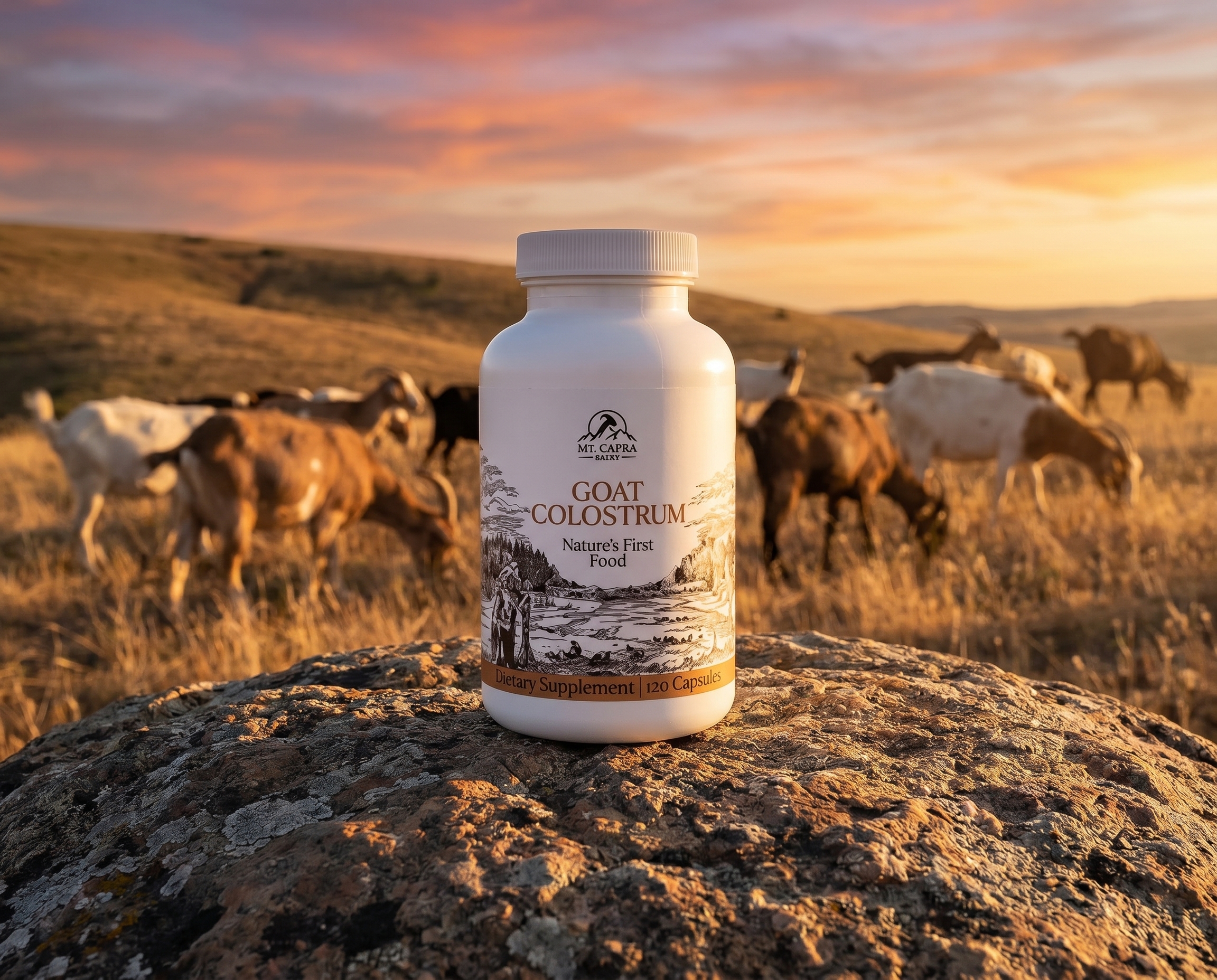 AI-generated: make the supplement in the image stand on a rock. behind the rock there are goats grazing on grass. the sun is setting. make as realistic as