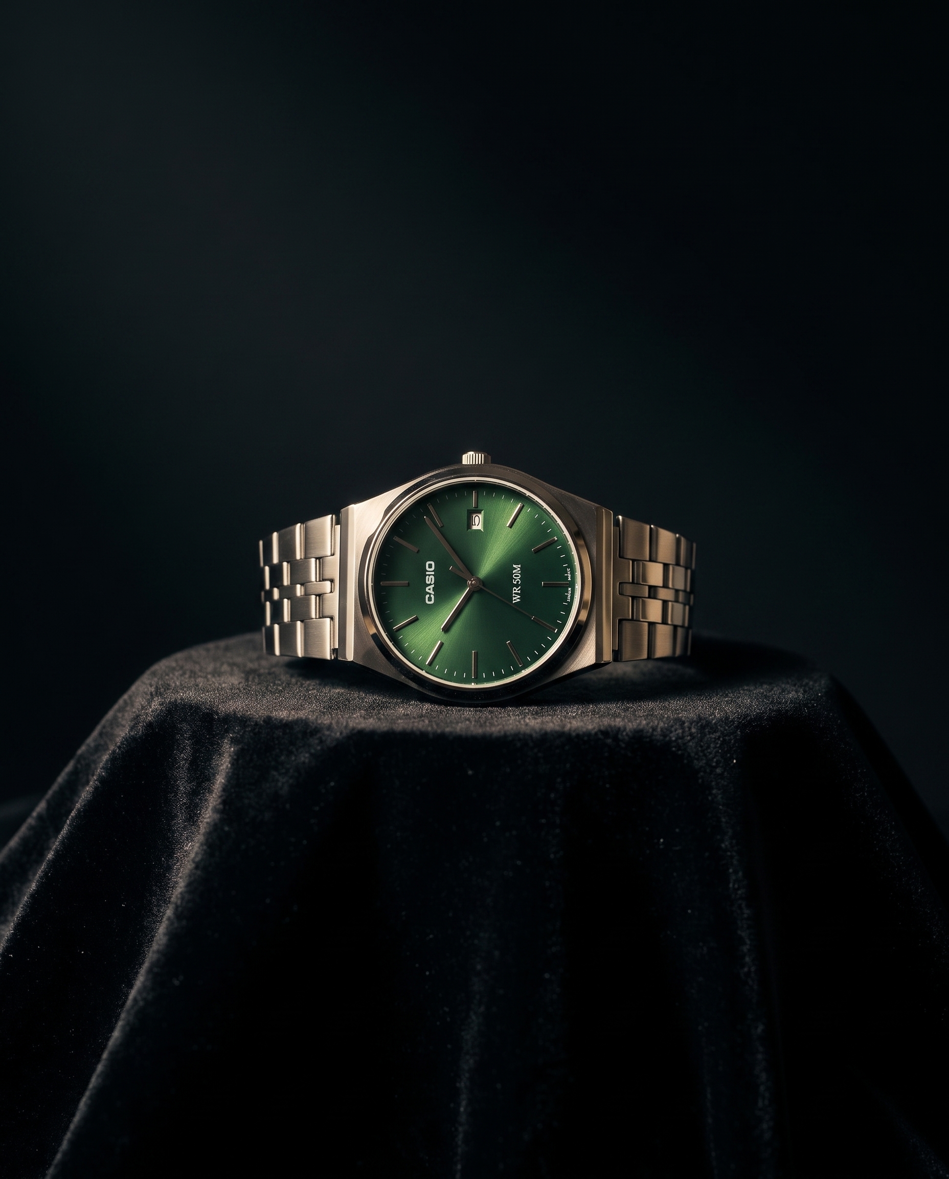 AI-generated: Noir luxury editorial still life. The subject is staged on a plinth draped in black velvet, its folds catching only the faintest sheen. A ne