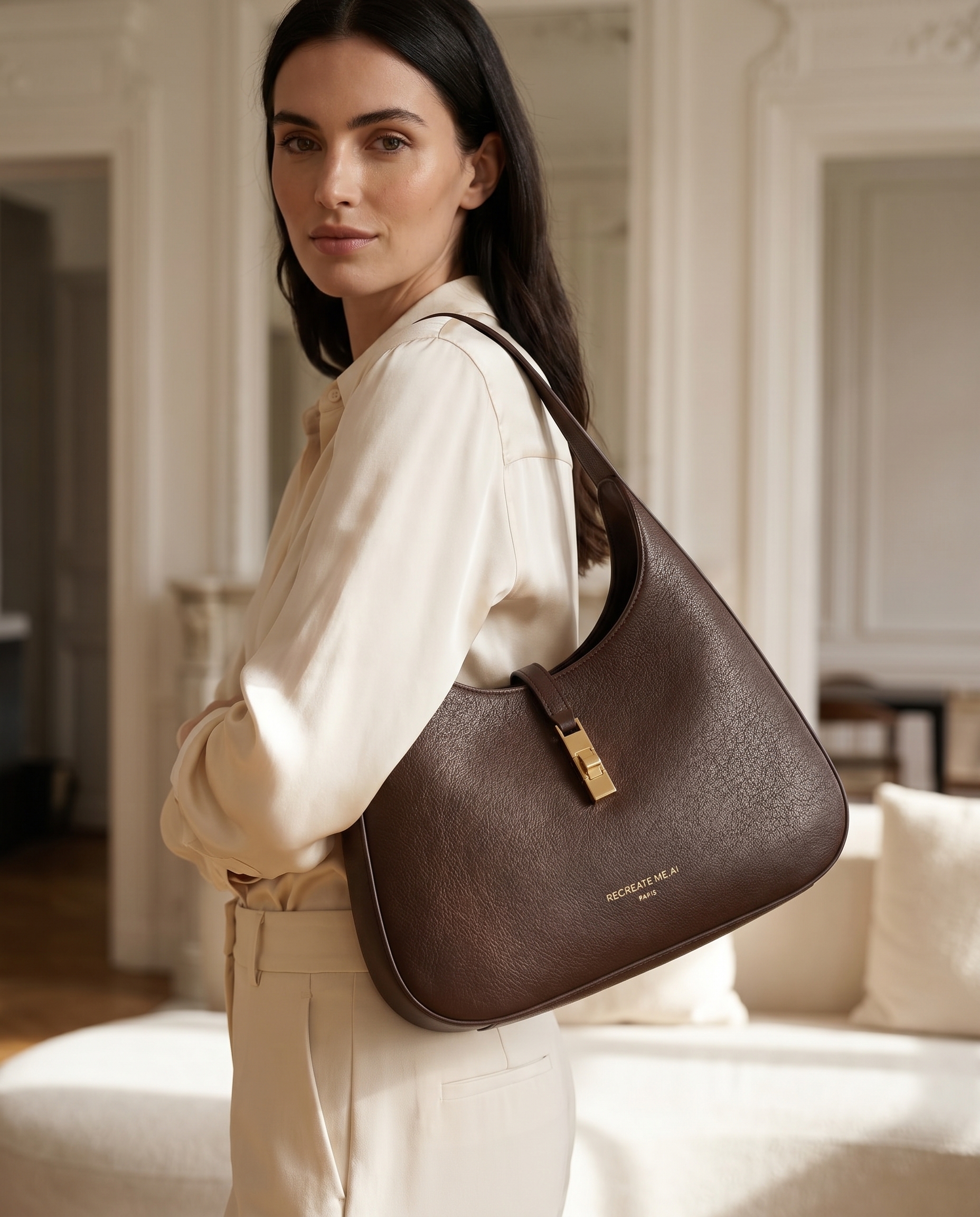 AI-generated: @recreateme-bag worn by dark haired, fair skinned female model. fashion photoshoot, texture clearly visible, medium close up. editorial.