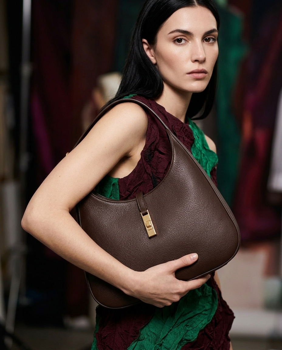AI-generated: @recreateme-bag worn by dark haired, fair skinned female model. fashion photoshoot, texture clearly visible, medium close up. editorial.