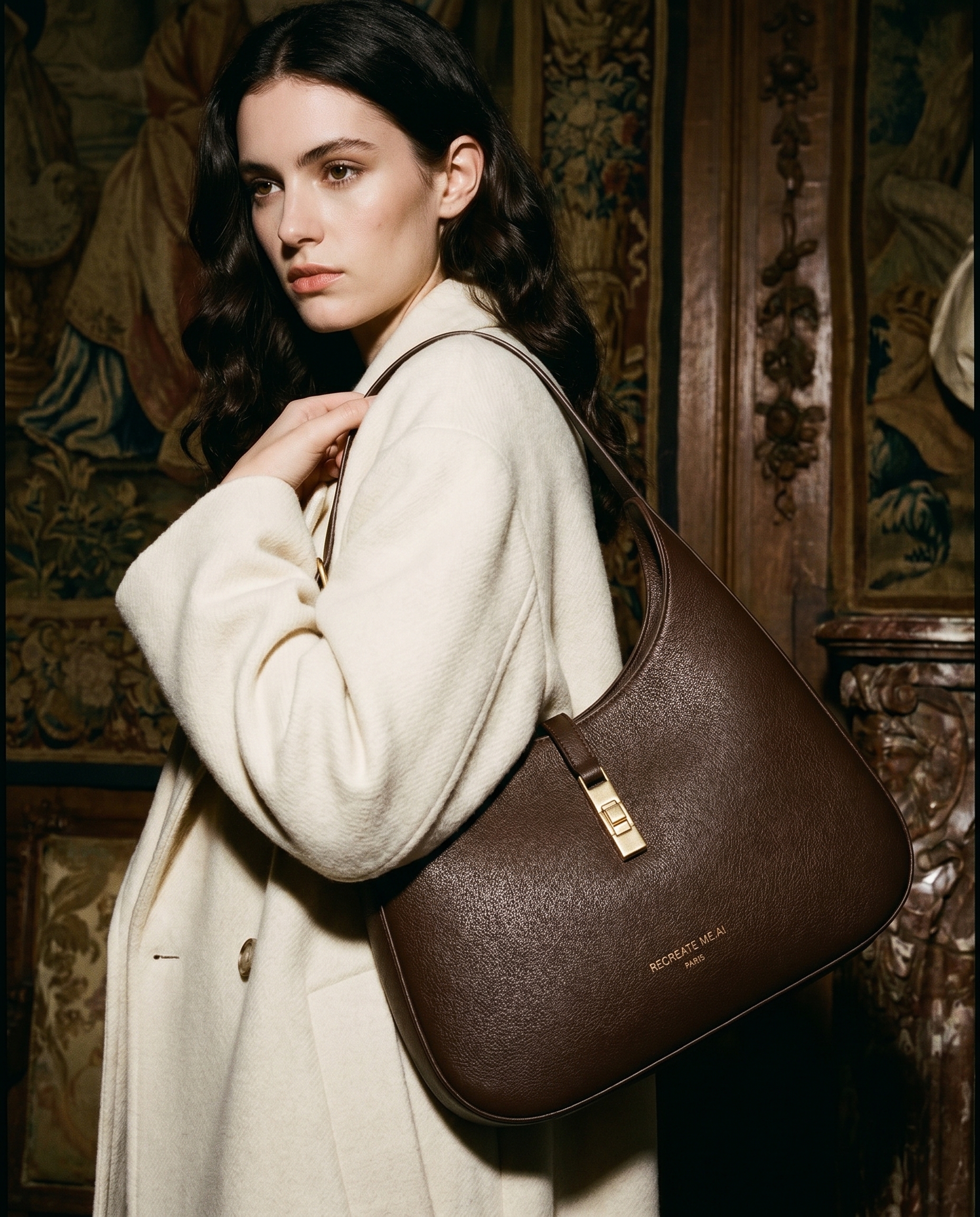 AI-generated: @recreateme-bag worn by dark haired, fair skinned female model. fashion photoshoot, texture clearly visible, medium close up. editorial.