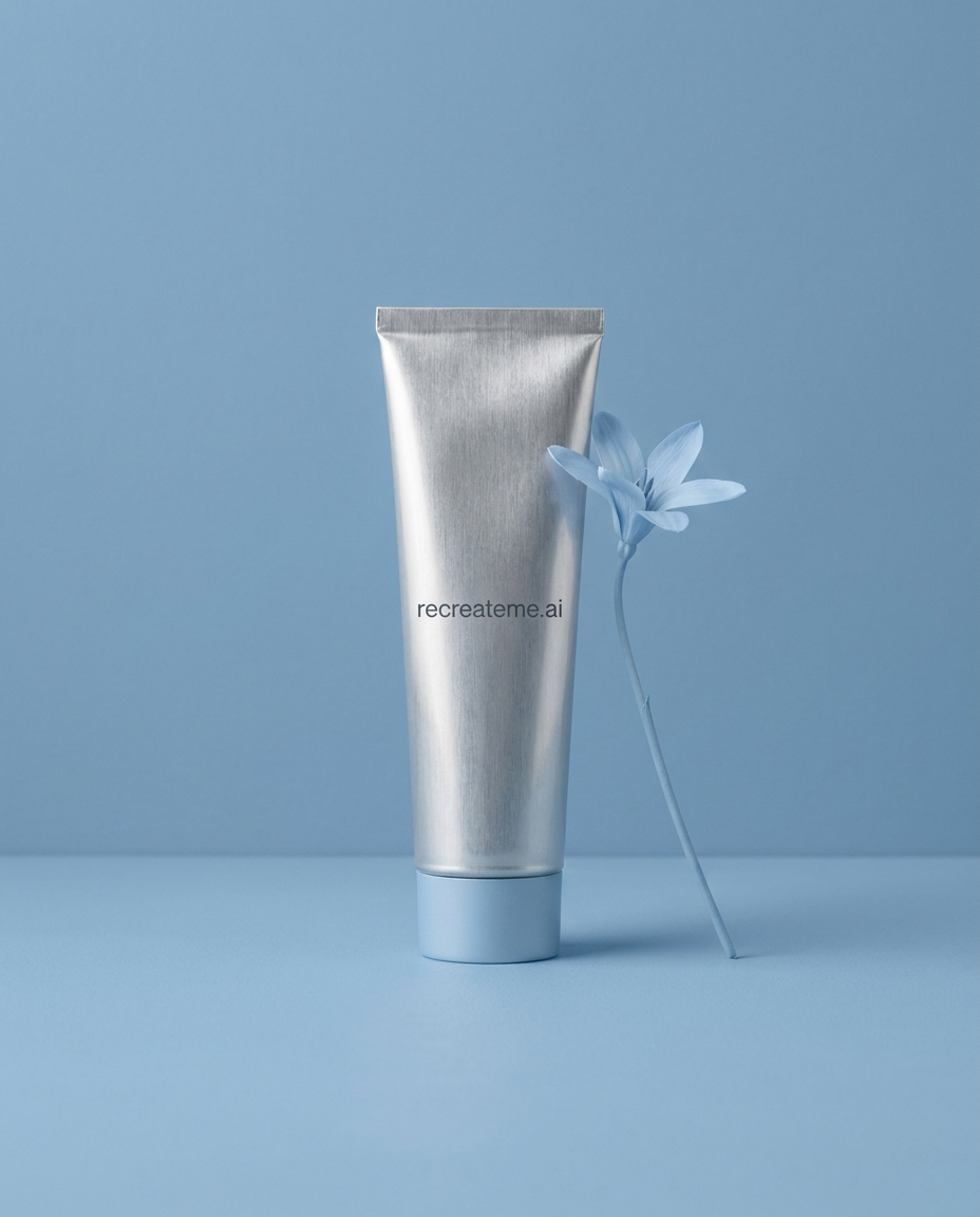 AI-generated: studio shot of a metallic tube of skincare product called 'recreateme.ai' in all lowercase. the product sits in a blue, pink or green pastel