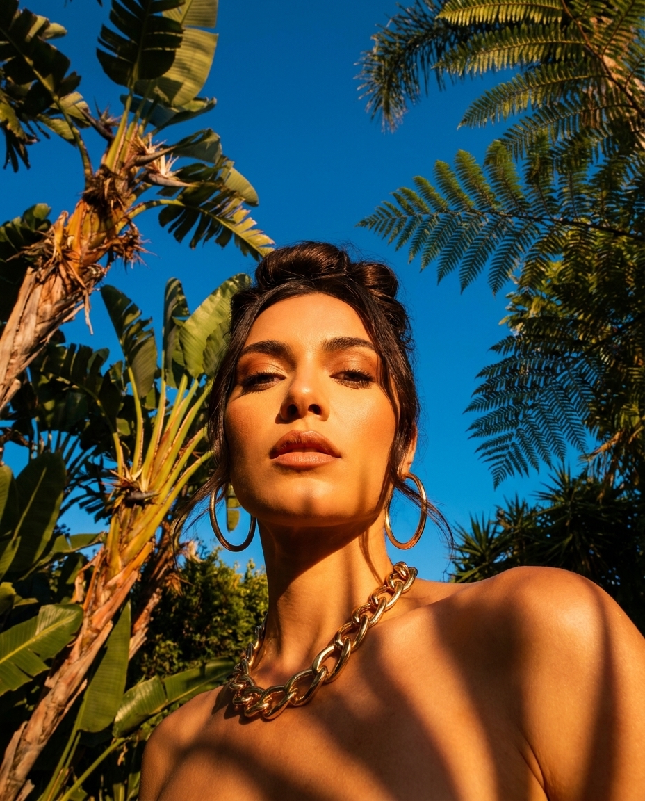 AI-generated: A woman with her hair styled up, adorned with earrings and a necklace, captured from an extreme low-angle, worm's-eye perspective looking di