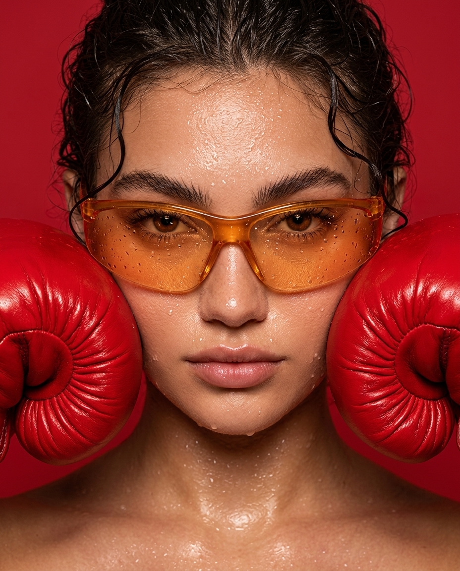 AI-generated: Ultra-close-up beauty portrait of a young woman with olive skin and thick natural eyebrows, shot head-on against a saturated crimson-red sea