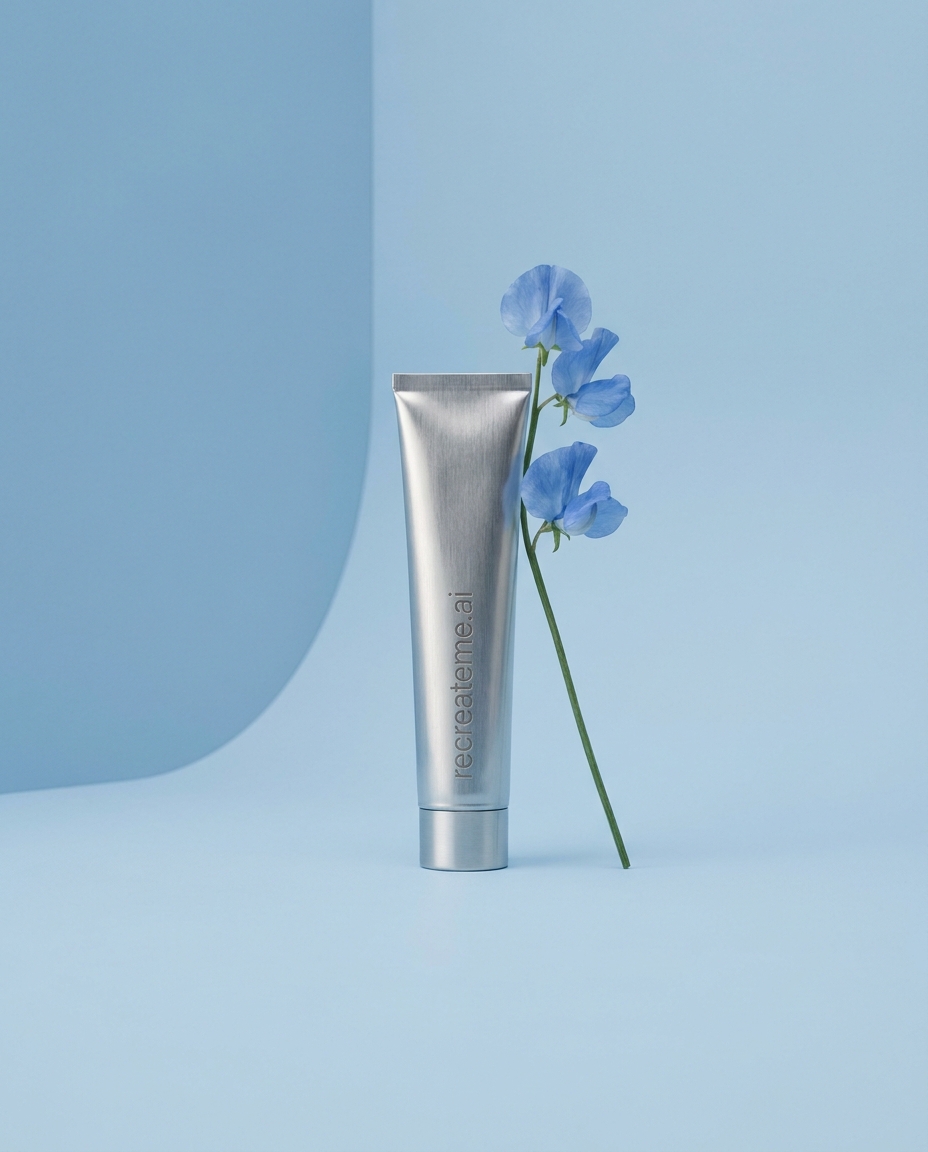 AI-generated: Studio shot of a thin metallic tube of skincare product called "recreateme.ai" in all lowercase. The product sits in a blue, pink, or green 