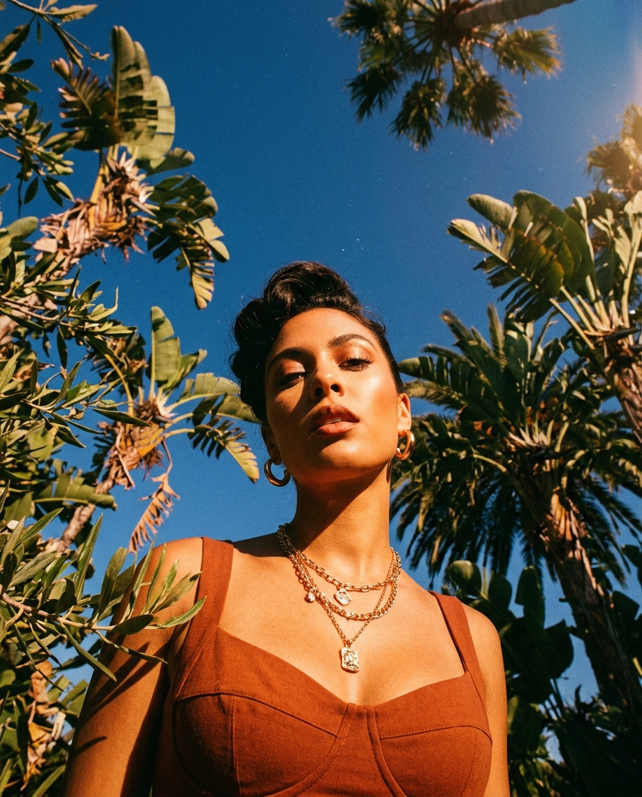 AI-generated: A woman with her hair styled up, adorned with earrings and a necklace, captured from an extreme low-angle, worm's-eye perspective looking di